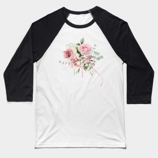 Coquette Aesthetic Watercolor Pink Ribbon Bow Floral Eucalyptus Bouquet Baseball T-Shirt